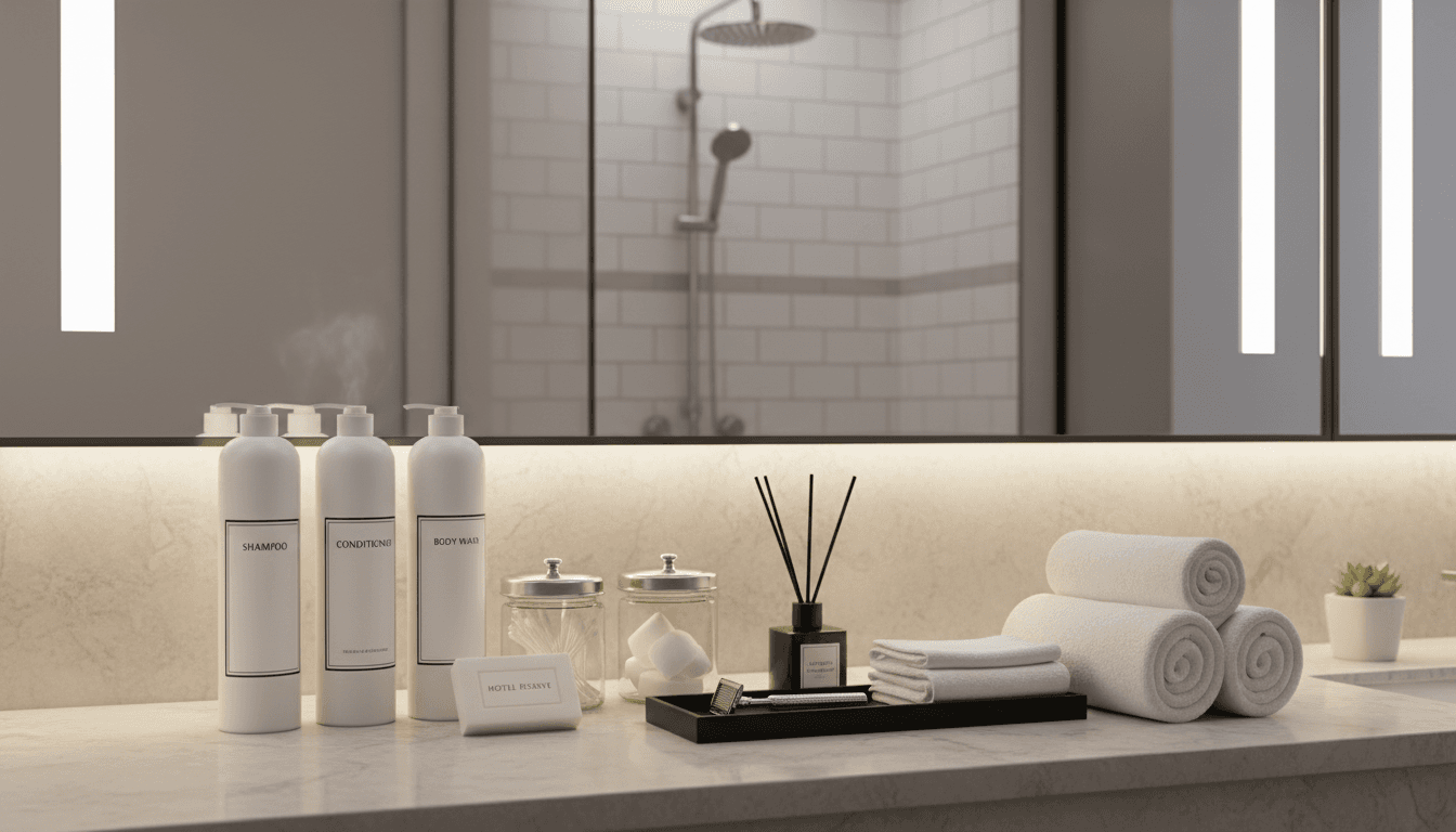 Hotel bathroom counter with neatly arranged guest toiletries and amenities