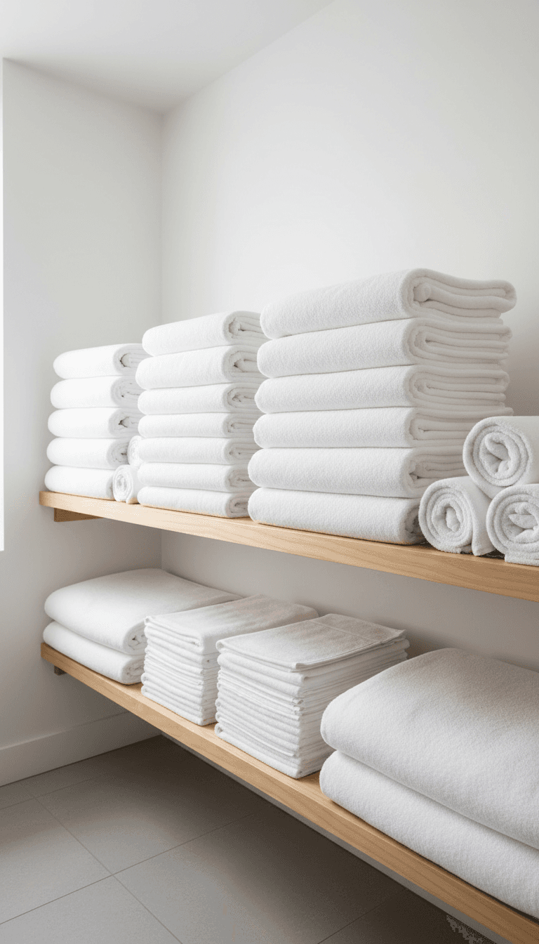 Stacked towels and folded bath linens on a clean storage shelf