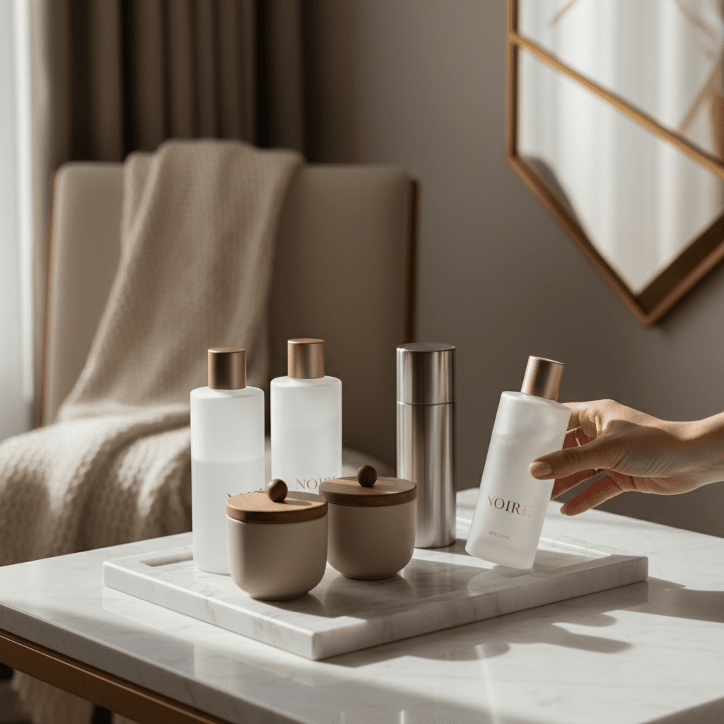 Custom branded hotel amenity bottles with a property logo
