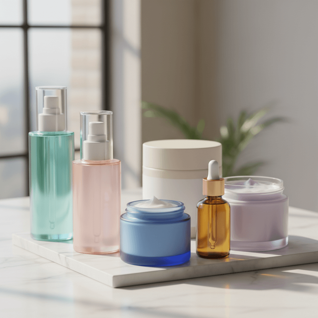 Hotel toiletries lined up on bathroom shelf