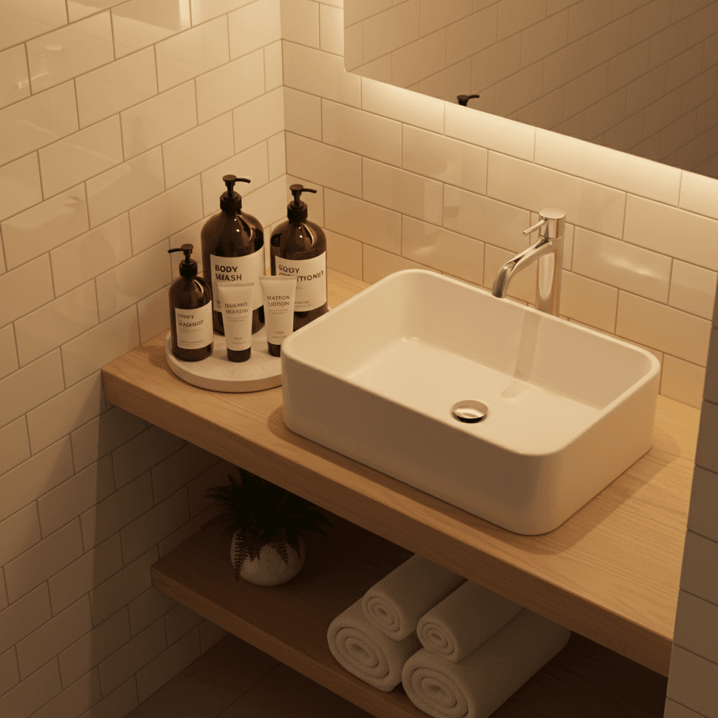 Hotel bathroom counter with towels and amenity bottles
