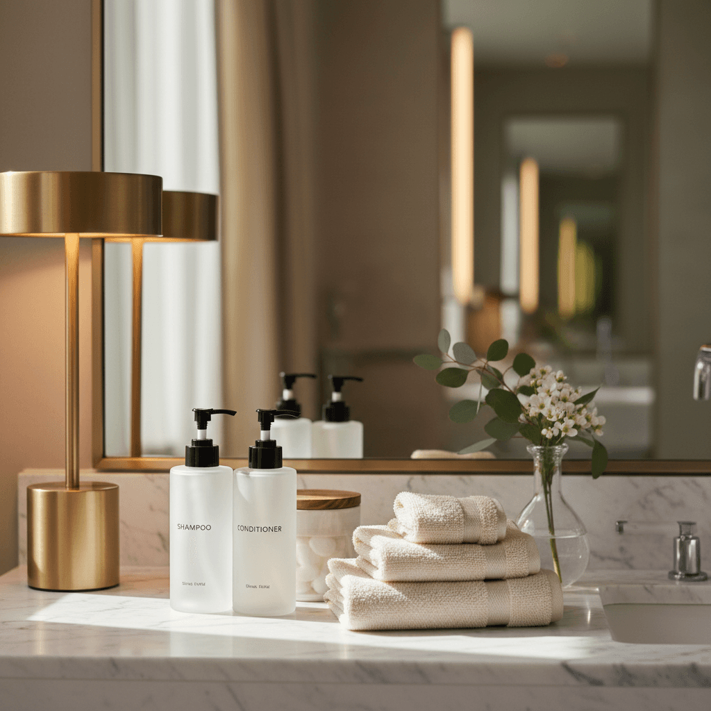Guest amenity bottles arranged on a hotel bathroom counter