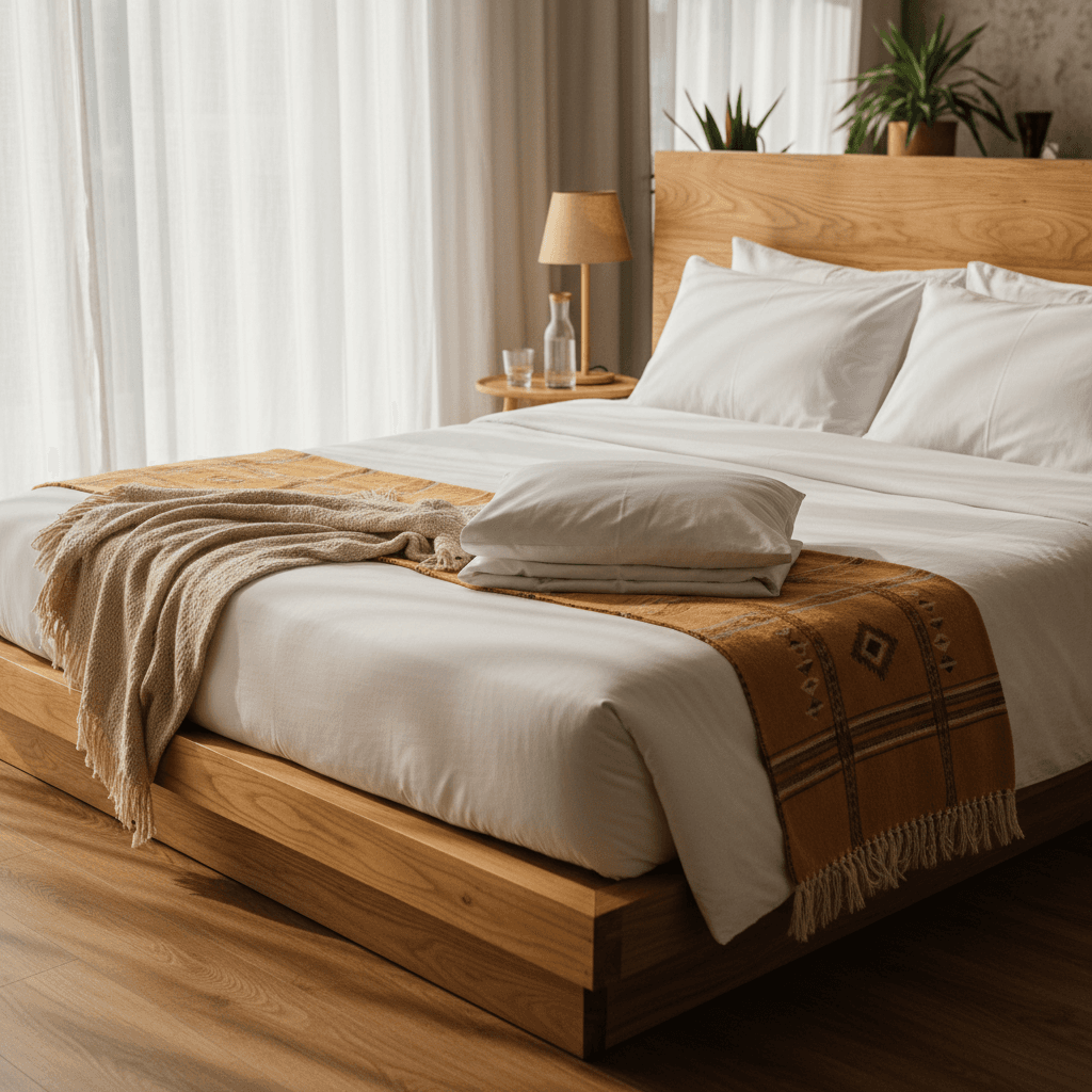 Hotel bed with welcome amenity tray