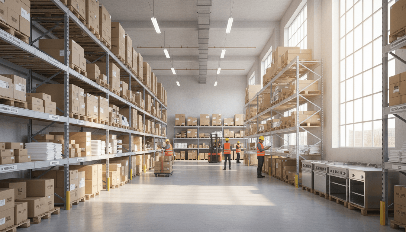 Organized stacks of hotel amenity supplies in a clean warehouse