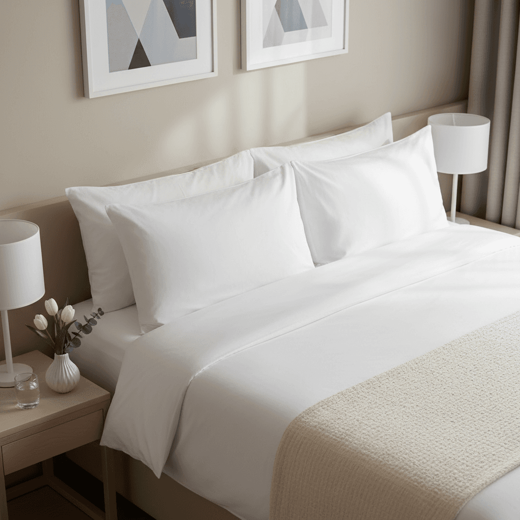 Hotel amenity set arranged neatly on a bed for guest arrival