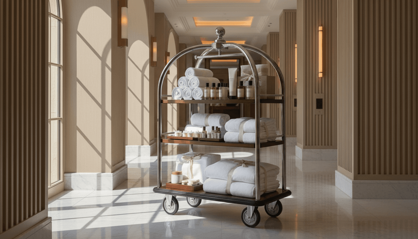 Hotel housekeeping cart stocked with fresh towels and guest amenity bottles
