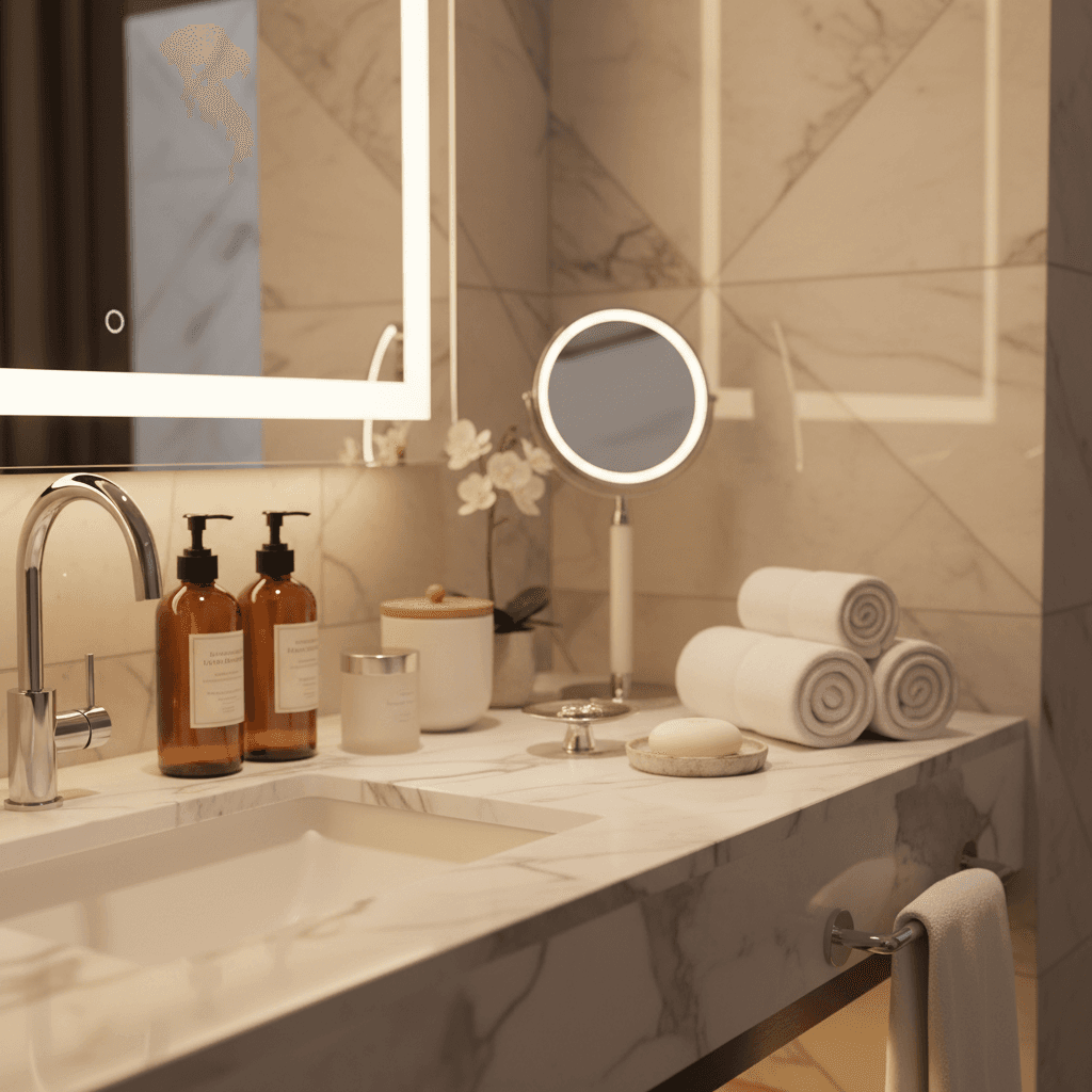 Hotel toiletries bottles lined up on a bathroom counter