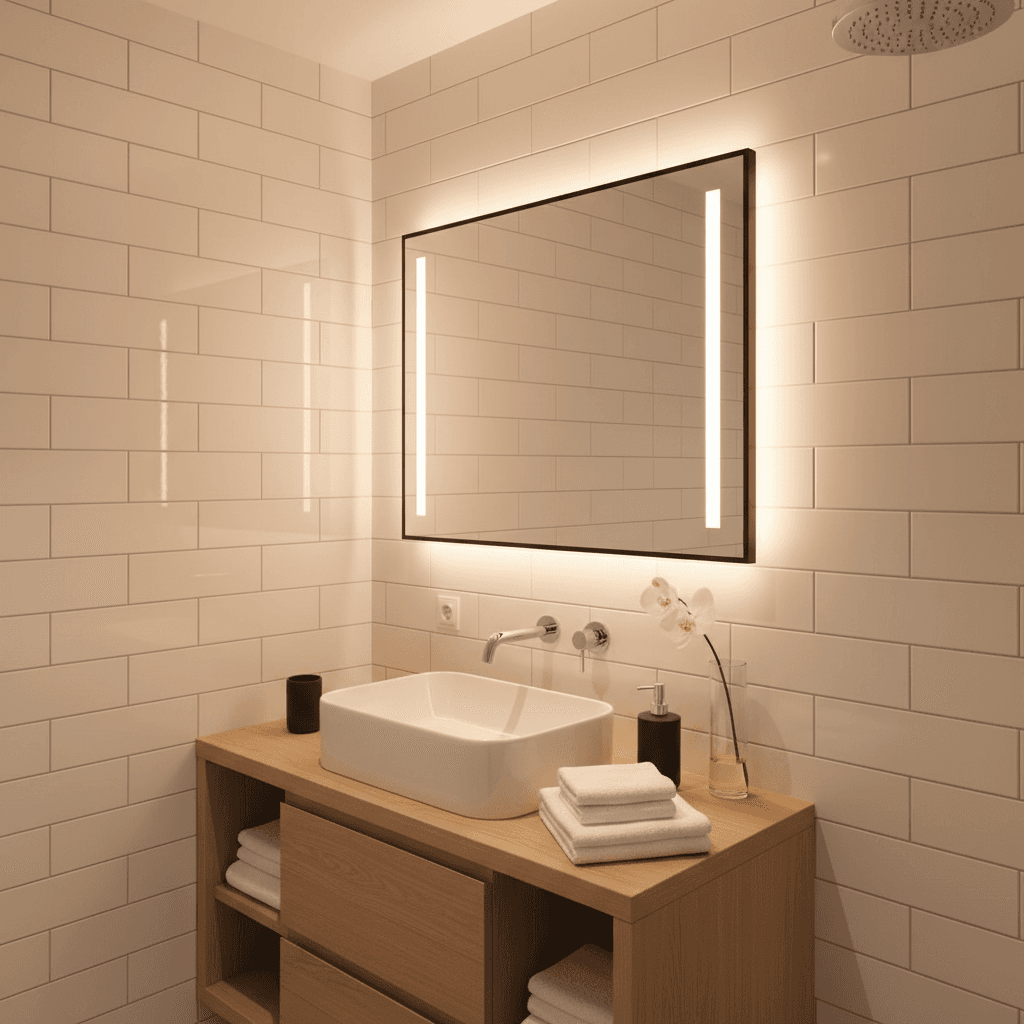 Neatly stacked white towels and bath mats in a hotel bathroom